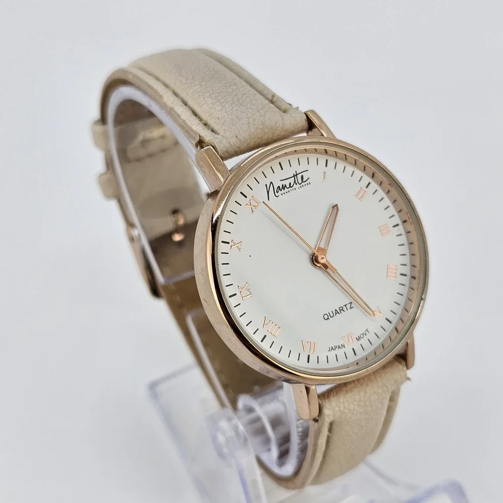 Women's Analog Watch 36MM White Dial Cream Faux Leather Bands NEW Battery
